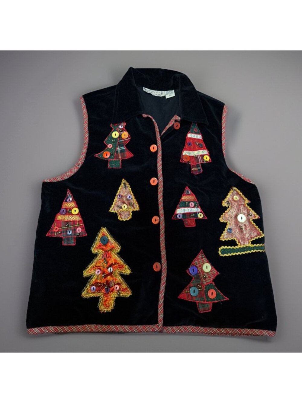 Life Style Womens XL Velvet Vest Christmas Embroidered Button Black Sleevess